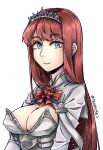  1girl alternate_hair_length alternate_hairstyle ark_royal_(kancolle) blue_eyes breasts cleavage_cutout clothing_cutout corset flower highres kantai_collection kazaharu_matsuhata long_hair long_sleeves medium_breasts red_flower red_hair red_rose rose solo tiara upper_body white_corset 