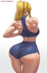  1girl alternate_costume ass bare_shoulders blonde_hair breasts facing_away from_behind highres huge_ass huge_breasts long_hair metroid metroid_(classic) muscular muscular_female paid_reward_available ponytail samus_aran shiny shiny_clothes shiny_hair shiny_skin short_shorts shorts sideboob solo superbusty thick_thighs thighs 