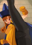  1girl alena_(dq4) breasts cape curly_hair dragon_quest dragon_quest_iv dress earrings gloves hat jewelry leg_up long_hair looking_at_viewer open_mouth orange_hair pantyhose ryuntack skirt solo 