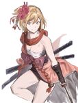  1girl bangs blonde_hair breasts cleavage djeeta_(granblue_fantasy) feet_out_of_frame flower granblue_fantasy hadanugi_dousa hair_flower hair_ornament hashibiro_kou_(garapiko_p) highres holding holding_sword holding_weapon japanese_clothes katana kengo_(granblue_fantasy) kimono looking_at_viewer medium_breasts red_kimono sarashi sash scarf short_hair simple_background single_bare_shoulder smile solo sword teeth vambraces weapon white_background yellow_eyes 