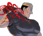  1boy black_hair blonde_hair fatal_fury fingerless_gloves gloves glowing glowing_hand grin large_pectorals male_focus multicolored_hair muscular muscular_male no_pupils nyaattoberritto pectorals sharp_teeth shirt smile teeth the_king_of_fighters tight tight_shirt white_background yamazaki_ryuuji 