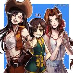  3girls aerith_gainsborough black_hair bow breasts brown_hair cleavage cowboy_hat crisis_core_final_fantasy_vii dress final_fantasy final_fantasy_vii gloves gzei hair_bow hand_on_hip hat headband highres multiple_girls one_eye_closed own_hands_together short_hair skirt smile tifa_lockhart v vest younger yuffie_kisaragi 