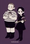  :&gt; addams_family axe black_dress black_footwear black_hair black_shorts blush boots braid braided_ponytail brown_hair collar dress eyeshadow half-closed_eyes highres ka_ji long_hair makeup poison pugsley_addams purple_background shirt short_hair shorts siblings smile striped striped_shirt twintails wednesday_addams white_collar 