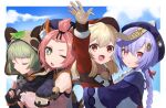  4girls ahoge animal_ears arm_up bangs bangs_pinned_back black_skirt blue_sky braid cabbie_hat cat_ears cat_girl chinese_clothes cloud cloudy_sky clover_print commentary_request diona_(genshin_impact) enoki_hatoko fingerless_gloves forehead from_side genshin_impact gloves green_eyes green_hair hair_between_eyes hair_ribbon hat hat_ornament hug hug_from_behind japanese_clothes jiangshi klee_(genshin_impact) kuji-in leaf leaf_on_head light_smile long_hair long_sleeves looking_at_viewer looking_to_the_side low_ponytail low_twintails multiple_girls ninja orange_eyes pink_hair pointy_ears purple_eyes purple_hair qing_guanmao qiqi_(genshin_impact) ribbon sayu_(genshin_impact) short_hair sidelocks single_braid skirt sky thick_eyebrows twintails vision_(genshin_impact) waving 