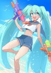  1girl absurdres aqua_eyes aqua_hair aqua_nails armpit_crease azuumori bangs beach bird blue_sailor_collar blue_shorts blue_sports_bra breasts cloud cloudy_sky crop_top day double_horizontal_stripe dual_wielding english_commentary feet_out_of_frame finger_on_trigger hair_between_eyes hand_up hatsune_miku highres holding holding_water_gun long_hair looking_at_viewer medium_breasts midriff navel neckerchief ocean open_mouth outdoors red_neckerchief round_teeth sailor_collar seagull shirt shorts sidelocks sky sleeveless sleeveless_shirt smile solo sports_bra standing standing_on_one_leg teeth trigger_discipline twintails upper_teeth very_long_hair vocaloid water water_gun white_shirt 