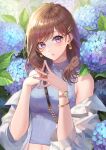  1girl bangle bare_shoulders blue_flower blue_shirt bracelet brown_hair crop_top earrings flower hair_ornament hairclip highres hydrangea jacket jewelry long_hair looking_at_viewer midriff nail_polish navel off_shoulder okuma_mai open_clothes open_jacket original own_hands_together parted_lips purple_eyes ribbed_shirt shirt sleeveless sleeveless_shirt solo steepled_fingers upper_body watch white_jacket wristwatch 