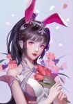  1girl animal_ears ba_bo_er_benbo_er brown_hair collar douluo_dalu dress falling_petals flower hair_ornament highres holding holding_flower looking_at_viewer metal_collar petals pink_dress ponytail rabbit_ears smile solo upper_body xiao_wu_(douluo_dalu) 