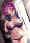  1girl ahoge bangs blue_hair blush braid breasts cellphone cleavage colored_inner_hair hololive large_breasts lingerie long_hair looking_at_viewer minato_aqua multicolored_hair navel open_mouth phone pink_hair purple_eyes purple_hair selfie shiki_(catbox230123) solo steam streaked_hair two-tone_hair underwear virtual_youtuber 