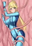  1girl absurdres against_wall baretto_(karasi07) bdsm blonde_hair blue_eyes blush bodysuit bondage bound breasts check_commentary commentary_request highres impossible_bodysuit impossible_clothes long_hair metroid mole mole_under_mouth ponytail samus_aran skin_tight solo_focus sweat tentacle_grab tentacles 
