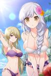  2girls :o arm_at_side arm_behind_head arm_up armpits artist_name assault_lily bangs bare_arms bare_shoulders bikini black_bikini blonde_hair blue_sky blunt_bangs blurry blurry_background blurry_foreground bracelet braid braided_ponytail breasts cleavage cliff closed_mouth cloud collarbone commentary_request commission cowboy_shot day floral_print flower frilled_bikini frills grey_hair groin hair_flower hair_ornament hair_over_shoulder halter_top halterneck highres horizon jewelry kon_kanaho large_breasts leaning_forward lens_flare light_blush light_particles long_hair looking_at_another looking_at_viewer mismatched_bikini miyagawa_takane multiple_girls navel necklace o-ring o-ring_bikini ocean official_alternate_costume official_alternate_hairstyle orange_flower outdoors palm_tree parted_lips pendant pink_flower print_bikini purple_bikini purple_eyes red_flower sakura_tsubame shiny shiny_hair side-tie_bikini single_braid skeb_commission sky smile standing stomach sunlight swimsuit thigh_gap tree v_arms very_long_hair white_bikini yellow_eyes 