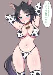  1girl absurdres animal_print armpits arms_behind_head bell bikini black_hair blue_eyes blush breasts commentary_request cow_print cowbell cowboy_shot ear_piercing elbow_gloves fuji_kiseki_(umamusume) gloves grey_background highres horse_girl large_breasts nose_blush over-kneehighs parted_lips piercing ririsu082 short_hair simple_background smile solo standing swimsuit thighhighs translation_request umamusume white_bikini white_gloves white_hair white_legwear 