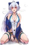  1girl absurdres bangs bare_shoulders blue_bow blue_jacket blue_swimsuit bow breasts cleavage collarbone fate/grand_order fate_(series) hair_between_eyes hair_bow highleg highleg_swimsuit highres jacket kneeling large_breasts long_hair looking_at_viewer off_shoulder one-piece_swimsuit open_clothes open_jacket open_mouth ponytail red_eyes short_sleeves solo swimsuit thigh_strap thighs tomoe_gozen_(fate) tomoe_gozen_(swimsuit_saber)_(fate) two-tone_swimsuit white_hair white_swimsuit yoshimoto_(carpsukidayo) 