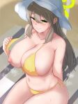  1girl bangs bikini blue_archive blush breasts brown_hair cleavage closed_mouth collarbone from_above green_eyes halo hat highres large_breasts long_hair looking_at_viewer looking_up navel nipples nonomi_(blue_archive) sideboob sitting solo swimsuit thighs tyamurai33 white_headwear yellow_bikini 
