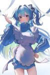  1girl absurdres apron blue_eyes blue_hair blush dress highres hololive hoshimachi_suisei long_hair looking_at_viewer looking_down open_mouth parted_lips ribbon senriyama side_ponytail solo very_long_hair virtual_youtuber white_background 