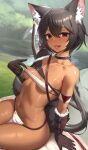  1girl :d absurdres animal_ear_fluff animal_ears bangs black_hair blush bow_(weapon) breasts brown_collar brown_gloves collar cowboy_shot dark-skinned_female dark_skin day gloves hair_between_eyes highres long_hair looking_at_viewer low_ponytail mathew_(srmmk_mce) navel original outdoors quiver red_eyes single_bare_shoulder sitting small_breasts smile solo stomach sweat tail very_long_hair weapon weapon_on_back 