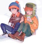  2boys beanie black_hair blue_eyes boots brown_footwear converse crispyfrites cup fingernails green_eyes hat highres jacket kyle_broflovski multiple_boys open_mouth orange_jacket pants red_hair shoelaces shoes sitting sneakers south_park stan_marsh two-tone_footwear white_background 