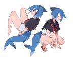  1girl azuumori barefoot black_sailor_collar black_shirt blue_hair breasts closed_mouth fish_tail full_body hair_between_eyes highres multiple_views neckerchief one-piece_swimsuit original red_eyes red_neckerchief sailor_collar sandals shark_fin shark_girl shark_girl_(azuumori) shark_tail sharp_teeth shirt short_hair short_sleeves simple_background smile squatting swimsuit tail teeth 