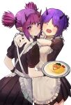  2girls absurdres alternate_costume apron arknights black_dress black_wrist_cuffs blush closed_eyes cowboy_shot demon_horns diamond-shaped_pupils diamond_(shape) dress enmaided fang fang_out food from_behind furameyou hand_up heart hibiscus_(arknights) highres holding holding_plate horns hug lava_(arknights) looking_at_viewer looking_back maid maid_apron multiple_girls omurice open_mouth plate pleated_dress pointy_ears purple_eyes purple_hair short_hair short_twintails siblings sidelocks simple_background sisters skin_fang sweatdrop symbol-shaped_pupils teeth twintails upper_teeth white_apron white_background 