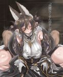  1boy 1girl animal_ears bangs black_dress black_sleeves blue_hair blush breasts breath brown_hair brown_horns closed_eyes closed_mouth clothed_female_nude_male commentary_request cowgirl_position detached_sleeves dress extra_ears full_body galleon_(granblue_fantasy) girl_on_top gloves granblue_fantasy hair_between_eyes hetero highres horns large_breasts long_hair multicolored_hair nude pointy_ears pov rabbit_ears sagging_breasts sema_(mekemeke_king) sex sleeveless sleeveless_dress smile solo_focus straddling streaked_hair thick_thighs thighs translation_request two-tone_dress very_long_hair white_dress white_gloves 