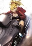  1girl bandeau bangs belt blonde_hair blue_shorts braid breasts cutoffs denim denim_shorts fate/apocrypha fate_(series) french_braid green_eyes ground_vehicle jacket jewelry jikihatiman long_hair long_sleeves mordred_(fate) mordred_(fate/apocrypha) mordred_(memories_at_trifas)_(fate) motor_vehicle motorcycle navel necklace open_clothes open_jacket parted_bangs ponytail red_jacket short_shorts shorts sidelocks small_breasts 