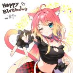  1girl ;) ahoge animal_ears bangs black_choker black_gloves black_shirt blonde_hair blue_eyes blue_nails blush breasts brown_nails cat_ears cat_girl cat_tail choker cleavage cleavage_cutout closed_mouth clothing_cutout collarbone commentary_request copyright_request fingerless_gloves gloves hair_between_eyes happy_birthday highres korean_commentary korean_text kutata long_hair medium_breasts multicolored_hair multicolored_nails nail_polish off-shoulder_shirt off_shoulder one_eye_closed outstretched_arm pink_nails plaid plaid_skirt pleated_skirt red_hair red_skirt shirt skirt smile solo tail two-tone_hair very_long_hair yellow_nails 