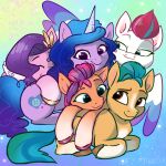  1:1 blaze_(marking) blue_eyes blue_hair brown_eyes cuddle_puddle earth_pony equid equine eyes_closed facial_markings female hair hasbro head_markings hi_res hitch_trailblazer_(mlp) hooves horse izzy_moonbow_(mlp) leg_markings male mammal markings mlp_g5 my_little_pony pegasus pfeffaroo pipp_petals_(mlp) pony purple_eyes purple_hair socks_(marking) sunny_starscout_(mlp) turquoise_hair wings zipp_storm_(mlp) 