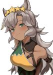  1girl animal_ears bangs bare_shoulders breasts closed_mouth collarbone commentary_request dark-skinned_female dark_skin erune flower from_above granblue_fantasy green_eyes grey_hair hair_flower hair_ornament highres long_hair looking_at_viewer looking_up medium_breasts nemone nosuku simple_background smile solo very_long_hair white_background yellow_flower 