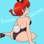  1girl animal_ears black_footwear blue_background character_name highres playboy_bunny punch121ykk rabbit_ears rabbit_tail ranma-chan ranma_1/2 red_hair saotome_ranma solo tail 