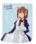  1girl absurdres ahoge alternate_costume apron blue_dress blue_eyes braid brown_hair commentary_request cowboy_shot dress enmaided frilled_dress frills hair_flaps hair_ornament hair_over_shoulder highres kantai_collection kurou_oruha long_hair looking_at_viewer maid maid_day maid_headdress necktie red_necktie shigure_(kancolle) shigure_kai_ni_(kancolle) single_braid solo white_apron 