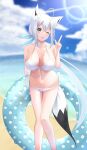  1girl ahoge animal_ear_fluff animal_ears bangs beach bikini blue_bow blurry blurry_background blush bow braid breasts cloud cloudy_sky collarbone commentary_request day fox_ears fox_girl fox_tail green_eyes hair_between_eyes hair_bow highres holding holding_innertube hololive index_finger_raised innertube large_breasts long_hair looking_at_viewer miki_miki ocean one_eye_closed outdoors shirakami_fubuki sidelocks single_braid sky solo swimsuit tail tongue tongue_out virtual_youtuber white_bikini white_hair 