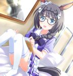  1girl animal_ears bed black_hair blue_eyes book braid commentary_request fuji_tooya glasses highres horse_ears looking_at_viewer pillow school_uniform side_braid sitting solo thighhighs thighs tracen_school_uniform umamusume white_legwear zenno_rob_roy_(umamusume) 