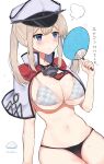  1girl bikini black_bikini blonde_hair blue_eyes blush breasts capelet checkered_bikini_top cleavage closed_mouth graf_zeppelin_(kancolle) grey_bikini hair_between_eyes hand_fan hat highres holding holding_fan kantai_collection large_breasts long_hair looking_at_viewer motion_lines navel necktie paper_fan peaked_cap qqqmei red_necktie sidelocks simple_background skindentation solo summer sweat swimsuit twintails twitter_username white_background white_headwear 