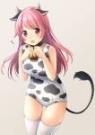  1girl :o animal_ears animal_print ass_visible_through_thighs bangs bare_arms bare_shoulders bell bikini black_collar blush breasts collar collarbone commentary_request cow_ears cow_girl cow_horns cow_print cow_tail grey_background hands_up highres horns long_hair looking_at_viewer medium_breasts neck_bell old_school_swimsuit open_mouth original pink_hair red_eyes school_swimsuit shibacha simple_background solo swimsuit tail thigh_gap thighhighs translation_request very_long_hair white_bikini white_legwear 