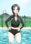  1girl absurdres black_hair chain-link_fence collarbone fence grin hands_on_hips highres idolmaster idolmaster_cinderella_girls looking_at_viewer navel outdoors pool rash_guard rookie_trainer side_ponytail smile solo stopwatch stopwatch_around_neck trainer_(idolmaster) ushimochi wading 