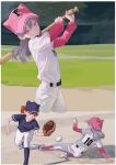  2girls animal_ears baseball baseball_base baseball_bat baseball_cap baseball_mitt baseball_uniform belt black_belt blue_headwear blue_shirt clenched_teeth closed_mouth feiqizi_(fkey) fkey hat highres layered_sleeves long_sleeves looking_at_viewer multiple_girls original pants pink_headwear pink_legwear running shirt short_over_long_sleeves short_sleeves socks sportswear standing standing_on_one_leg teeth white_pants white_shirt 