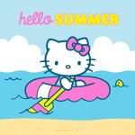  2022 absurd_res anthro beach black_eyes boat clothed clothing cloud domestic_cat ear_bow english_text felid feline felis female hello_kitty_(character) hello_kitty_(series) hi_res holding_object holding_paddle looking_at_viewer mammal mouthless o_o on_boat outside paddle sand sanrio sea seaside simple_eyes sitting sky small_eyes solo summer swimwear text toony unknown_artist vehicle water watercraft whiskers white_body white_ears wide_eyed yellow_nose 