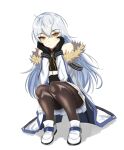  1girl bare_shoulders belt belt_buckle black_gloves black_legwear buckle closed_mouth counter:side eyes_visible_through_hair gaeun_(counter:side) gloves highres long_hair long_sleeves looking_at_viewer osunahanko pantyhose solo white_background white_hair yellow_eyes 
