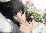  1boy bangs black_hair blue_eyes blue_gemstone blue_hair blurry blurry_background blurry_foreground collarbone crossed_bangs dated depth_of_field earrings expressionless foliage foreshortening gem green_gemstone hair_between_eyes hair_over_one_eye hand_up holding holding_jewelry holding_necklace howl_(howl_no_ugoku_shiro) howl_no_ugoku_shiro jewelry leaf looking_at_viewer lying medium_hair multicolored_hair necklace on_side outdoors pendant shirt sidelocks signature sky solo srro_yo streaked_hair toned toned_male tree twitter_username white_shirt 
