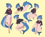  1girl :d ass azuumori barefoot black_sailor_collar black_shirt blue_hair breasts closed_eyes closed_mouth covered_navel fish_tail full_body hair_between_eyes highres looking_at_viewer multiple_views neckerchief one-piece_swimsuit open_mouth original red_eyes red_neckerchief sailor_collar shark_fin shark_girl shark_girl_(azuumori) shark_tail sharp_teeth shirt short_hair short_sleeves smile swimsuit tail teeth 