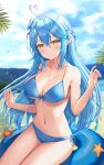  1girl arms_up beach bikini blue_hair blue_nails blue_sky blurry blurry_background blush breasts cleavage closed_mouth cloud collarbone crab day flower hair_flower hair_ornament highres hololive innertube large_breasts long_hair looking_at_viewer navel ocean outdoors pointy_ears revision sand sauvignon side-tie_bikini sitting sky smile solo starfish stomach string_bikini swimsuit thighs very_long_hair virtual_youtuber water_drop wet white_flower yellow_eyes yukihana_lamy 