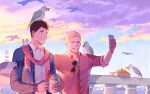  2boys animal bertolt_hoover bird black_hair blonde_hair blue_jacket closed_eyes cloud collared_shirt cup eyewear_on_clothing eyewear_removed highres holding holding_cup holding_phone jacket male_focus multiple_boys open_clothes open_jacket outdoors phone red_shirt reiner_braun selfie shadowlll2 shingeki_no_kyojin shirt sky sleeves_rolled_up smile sunglasses sunset teeth upper_body v white_shirt 