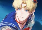  1boy bangs bishoujo_senshi_sailor_moon blonde_hair blue_sailor_collar bow bowtie choker commentary commentary_typo crescent crescent_earrings dated derivative_work diadem earrings english_commentary from_above genderswap genderswap_(ftm) hair_intakes hair_ornament heart heart_choker jewelry meme parted_bangs parted_lips red_bow red_bowtie red_choker sailor_collar sailor_moon sailor_moon_redraw_challenge_(meme) sailor_senshi_uniform school_uniform screencap_redraw serafuku shirt short_hair short_sleeves signature solo srro_yo sweatdrop tsukino_usagi very_short_hair white_shirt 