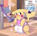  absurd_res blush bunnykisses diaper embarrassed feral harness hi_res human leash male mammal nintendo pikachu pok&eacute;mon pok&eacute;mon_(species) poof_effect shadow sidewalk sign solo standing storefront video_games walking 