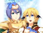  2boys alternate_color animal_on_head armor bangs bird bird_on_head black_wings blonde_hair blue_bird blue_eyes blue_hair breastplate brown_coat cape coat commentary_request cross demon_wings filir_(ragnarok_online) gauntlets gold_armor green_cape hair_between_eyes head_wings high_priest_(ragnarok_online) layered_clothes looking_at_another male_focus multiple_boys on_head open_mouth oruserug paladin_(ragnarok_online) pauldrons ragnarok_online red_coat short_hair shoulder_armor smile two-tone_coat upper_body white_coat wings 