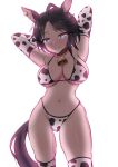  1girl absurdres animal_print armpits arms_behind_head backlighting bell bikini black_hair blue_eyes blush breasts commentary_request cow_print cowbell cowboy_shot ear_piercing elbow_gloves fuji_kiseki_(umamusume) gloves highres horse_girl large_breasts nose_blush over-kneehighs parted_lips piercing ririsu082 short_hair simple_background smile solo standing swimsuit thighhighs umamusume white_background white_bikini white_gloves white_hair white_legwear 