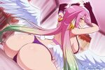  1girl angel angel_wings animal_ears ass back bird_ears breasts closed_mouth commentary crop_top cross english_commentary feathered_wings gloves gradient_hair halo indoors jibril_(no_game_no_life) large_breasts long_hair looking_at_viewer low_wings magic_circle multicolored_eyes multicolored_hair no_game_no_life orange_eyes panties pink_hair purple_panties seductive_smile sideboob sitting smile sollyz solo symbol-shaped_pupils tattoo underwear very_long_hair white_wings wing_ears wings yellow_eyes 