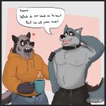  &lt;3 2022 anthro beverage black_nose blush bottomwear canid canine canis clothing coffee dave_(password) duo english_text grey_body hi_res hoodie humanoid_hands hyaenid jabelruth male male/male mammal mug nipples pants password_(visual_novel) striped_hyena text topwear tyson_(password) wolf 