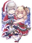  2girls :d :o ahoge ayano_rika ayano_rika_(christmas_ver.) bangs bare_arms bell black_bow black_gloves black_ribbon blonde_hair blue_eyes blue_gemstone blue_gloves blue_ribbon blue_skirt blush boots border bow brown_gloves brown_legwear capelet choker christmas diagonal_bangs dress eyes_visible_through_hair frilled_capelet frilled_dress frilled_skirt frills from_side full_body fur-trimmed_capelet fur-trimmed_dress fur_trim gem gloves gold_trim grey_hair hair_between_eyes hair_bow hair_over_one_eye hair_ribbon highres hood hood_up hooded_capelet hug isuzu_ren isuzu_ren_(christmas_ver.) kneehighs looking_at_viewer magia_record:_mahou_shoujo_madoka_magica_gaiden mahou_shoujo_madoka_magica medium_hair multiple_girls octagram oh_ring open_mouth outline overskirt pom_pom_(clothes) red_capelet red_dress red_eyes red_footwear ribbon shoes short_dress sidelocks skirt smile snowing tress_ribbon two_side_up white_border white_footwear white_outline 