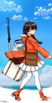  1girl bag black_hair blue_sky braid brown_eyes brown_hair cloud day highres hood hooded_jacket jacket kantai_collection kazaharu_matsuhata long_hair long_sleeves messenger_bag miniskirt orange_footwear orange_jacket outdoors pantyhose pleated_skirt rigging rudder_footwear shoulder_bag single_braid skirt sky smokestack solo souya_(kancolle) souya_agb_(kancolle) suitcase walking white_legwear white_skirt 