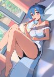  1girl absurdres azuumori bare_legs barefoot black_shorts blue_hair breasts door food highres holding indoors large_breasts legs_together looking_at_viewer lying medium_hair no_bra on_back on_floor original pillow popsicle red_eyes shark_girl_(azuumori) shirt short_shorts shorts solo strap_slip tail white_shirt 
